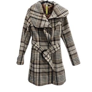 Soia & Kyo Wool Plaid Belted Coat Oversized Asymmetrical Collar Canadian